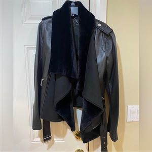 New BCBG Maxazria Jade Leather Jacket with faux fur drape collar
